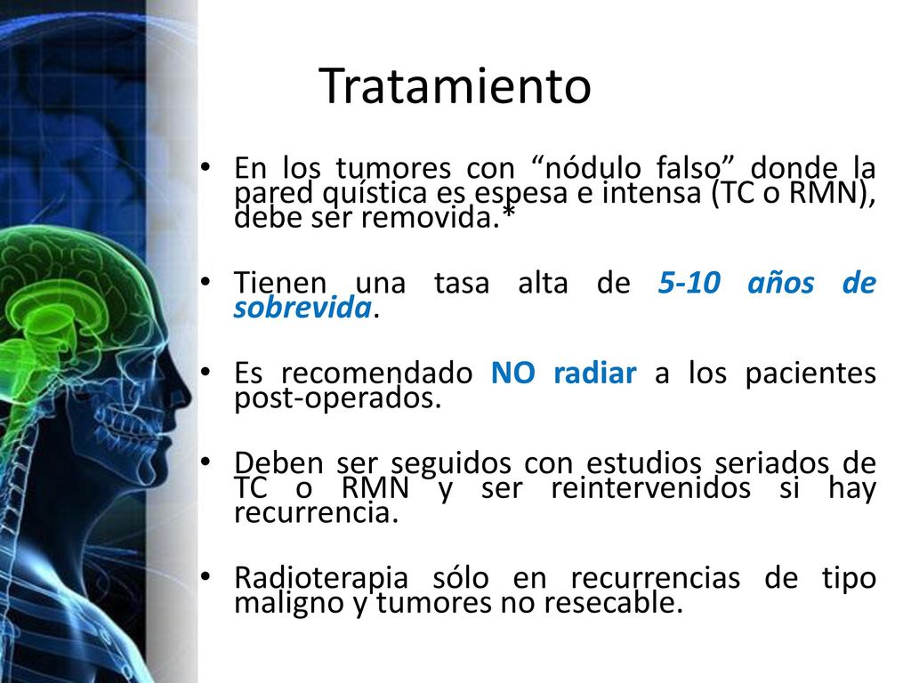 Tratamiento En los tumores con nódulo falso donde la pared quística es espesa e intensa (TC o RMN), debe ser removida.*