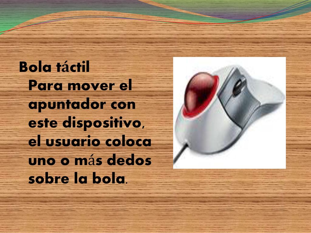 Bola táctil Para mover el apuntador con este dispositivo, el usuario coloca uno o más dedos sobre la bola.