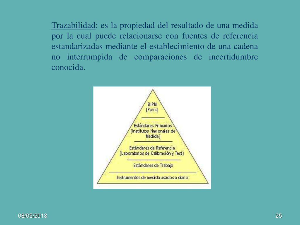 Trazabilidad: es la propiedad del resultado de una medida por la cual puede relacionarse con fuentes de referencia estandarizadas mediante el establecimiento de una cadena no interrumpida de comparaciones de incertidumbre conocida.