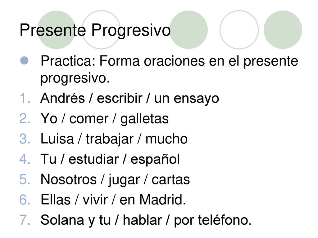 Presente Progresivo Practica: Forma oraciones en el presente progresivo. Andrés / escribir / un ensayo.