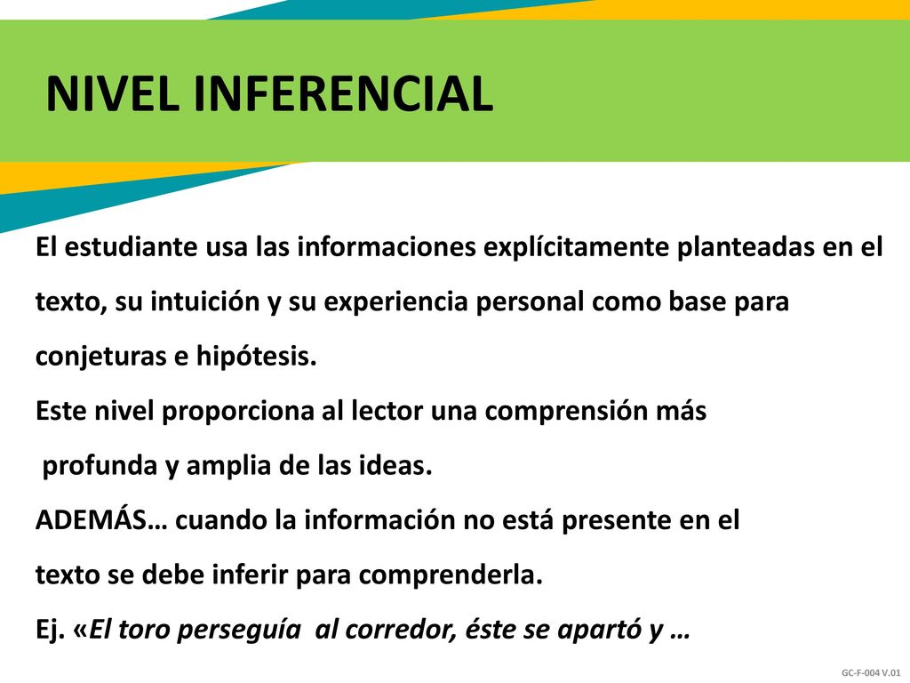 NIVEL INFERENCIAL El estudiante usa las informaciones explícitamente planteadas en el. texto, su intuición y su experiencia personal como base para.