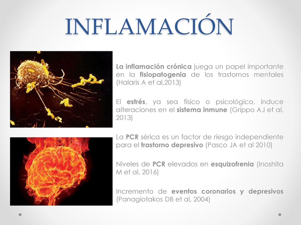 INFLAMACIÓN La inflamación crónica juega un papel importante en la fisiopatogenia de los trastornos mentales (Halaris A et al,2013)