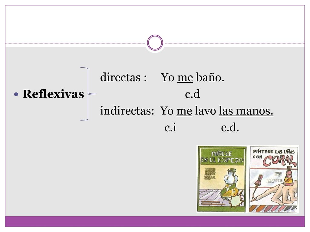directas : Yo me baño. Reflexivas c.d. indirectas: Yo me lavo las manos.