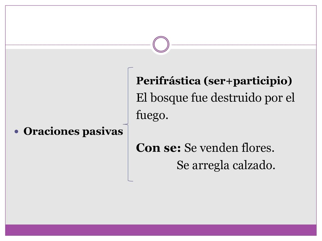 Perifrástica (ser+participio) El bosque fue destruido por el fuego.