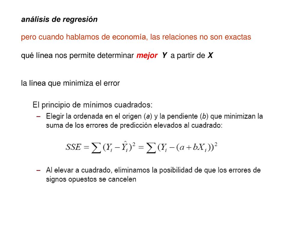 análisis de regresión pero cuando hablamos de economía, las relaciones no son exactas. qué línea nos permite determinar mejor Y a partir de X.