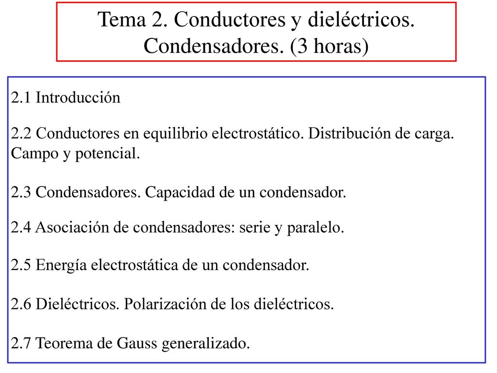 Tema 2. Conductores y dieléctricos. Condensadores. (3 horas)