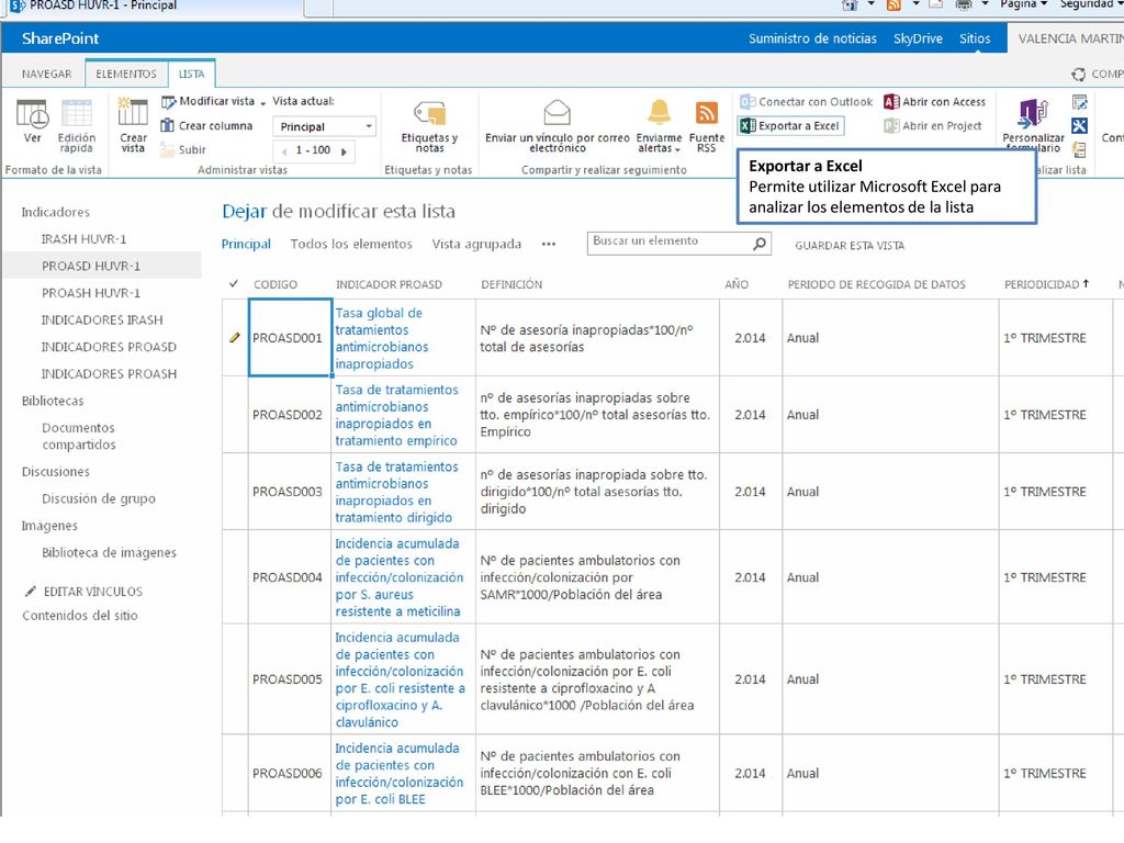 Exportar a Excel Permite utilizar Microsoft Excel para analizar los elementos de la lista.