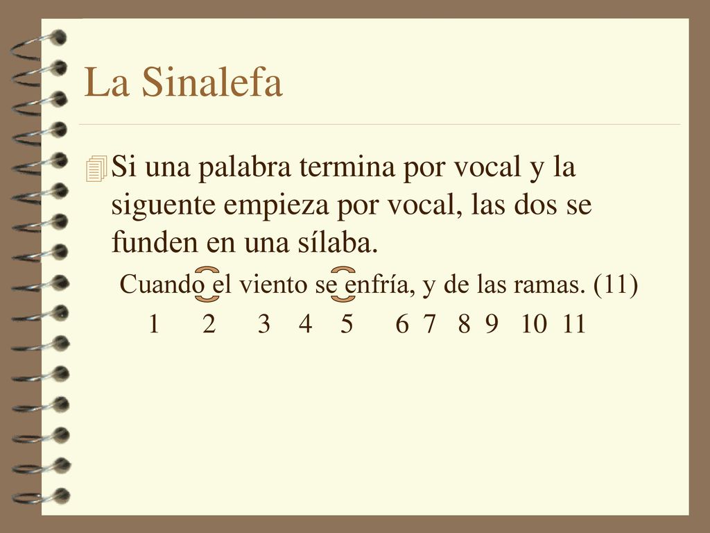 La Sinalefa Si una palabra termina por vocal y la siguente empieza por vocal, las dos se funden en una sílaba.