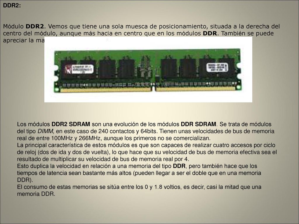 DDR2: Módulo DDR2. Vemos que tiene una sola muesca de posicionamiento, situada a la derecha del centro del módulo, aunque más hacia en centro que en los módulos DDR. También se puede apreciar la mayor densidad de contactos.
