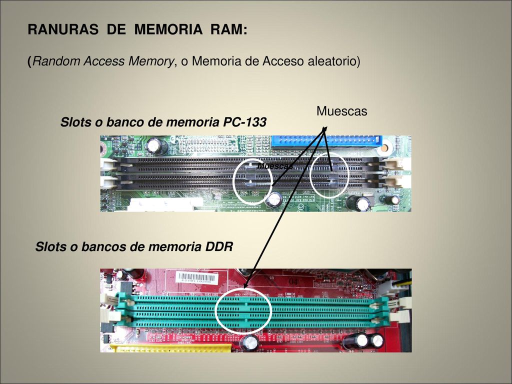 Slots o banco de memoria PC-133 Slots o bancos de memoria DDR