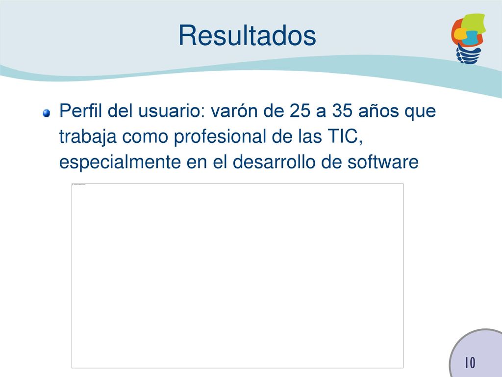 Resultados Perfil del usuario: varón de 25 a 35 años que trabaja como profesional de las TIC, especialmente en el desarrollo de software.