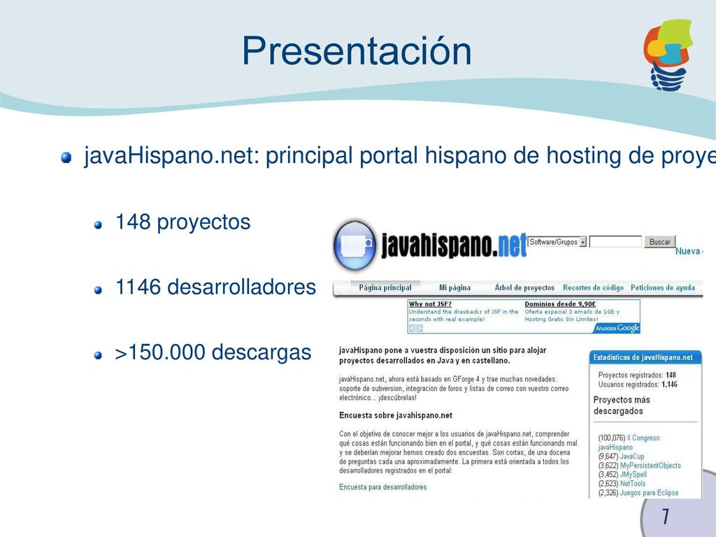 Presentación javaHispano.net: principal portal hispano de hosting de proyectos libres, 19 en el ranking mundial (junio 2008)