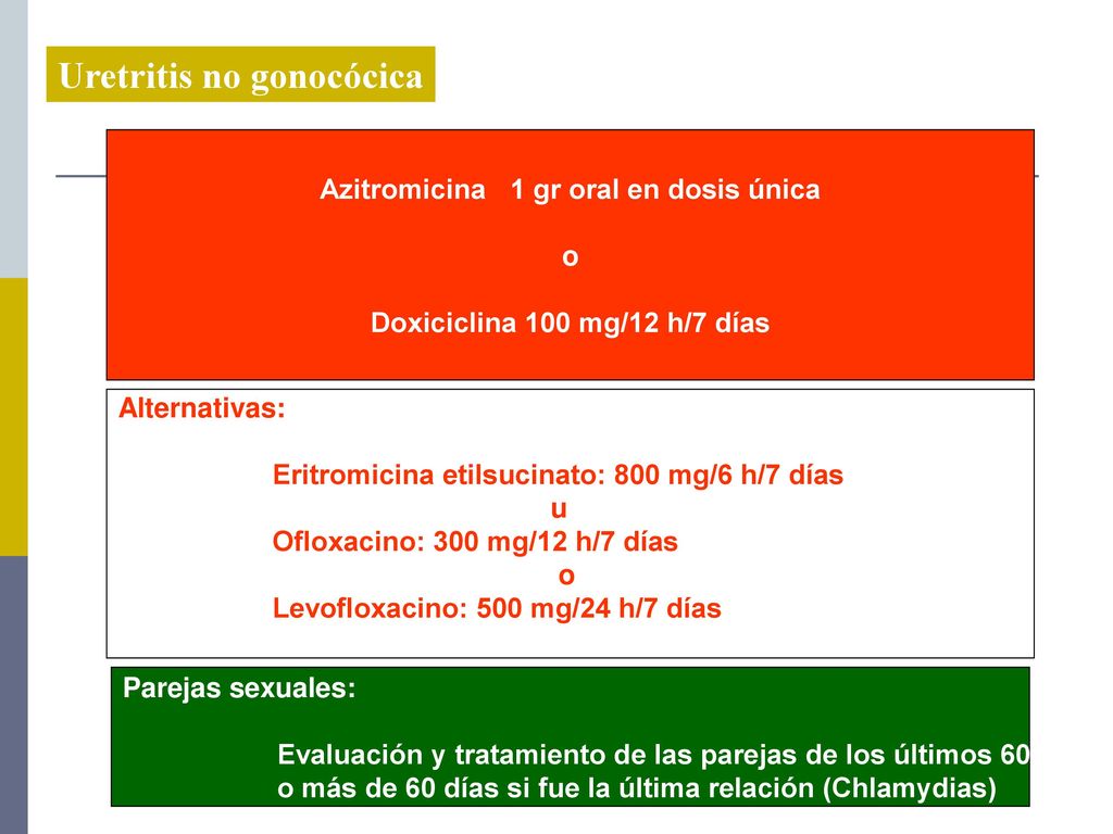 Azitromicina 1 gr oral en dosis única Doxiciclina 100 mg/12 h/7 días