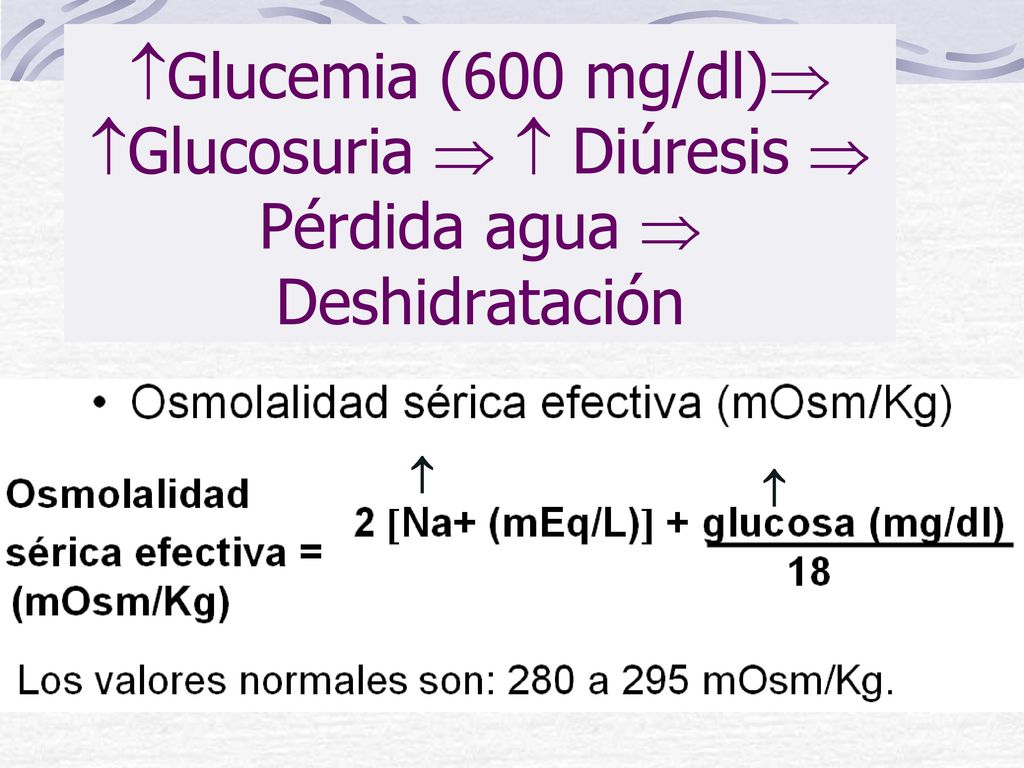Glucemia (600 mg/dl) Glucosuria   Diúresis  Pérdida agua  Deshidratación