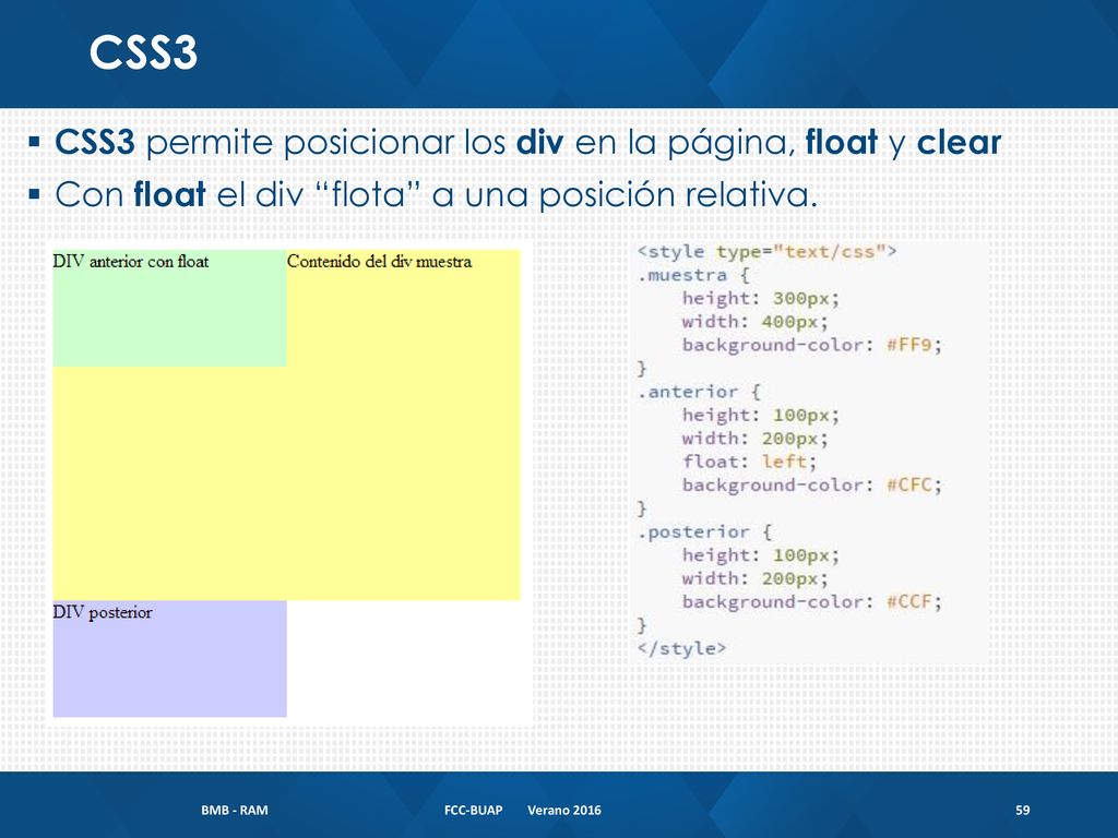 CSS3 CSS3 permite posicionar los div en la página, float y clear