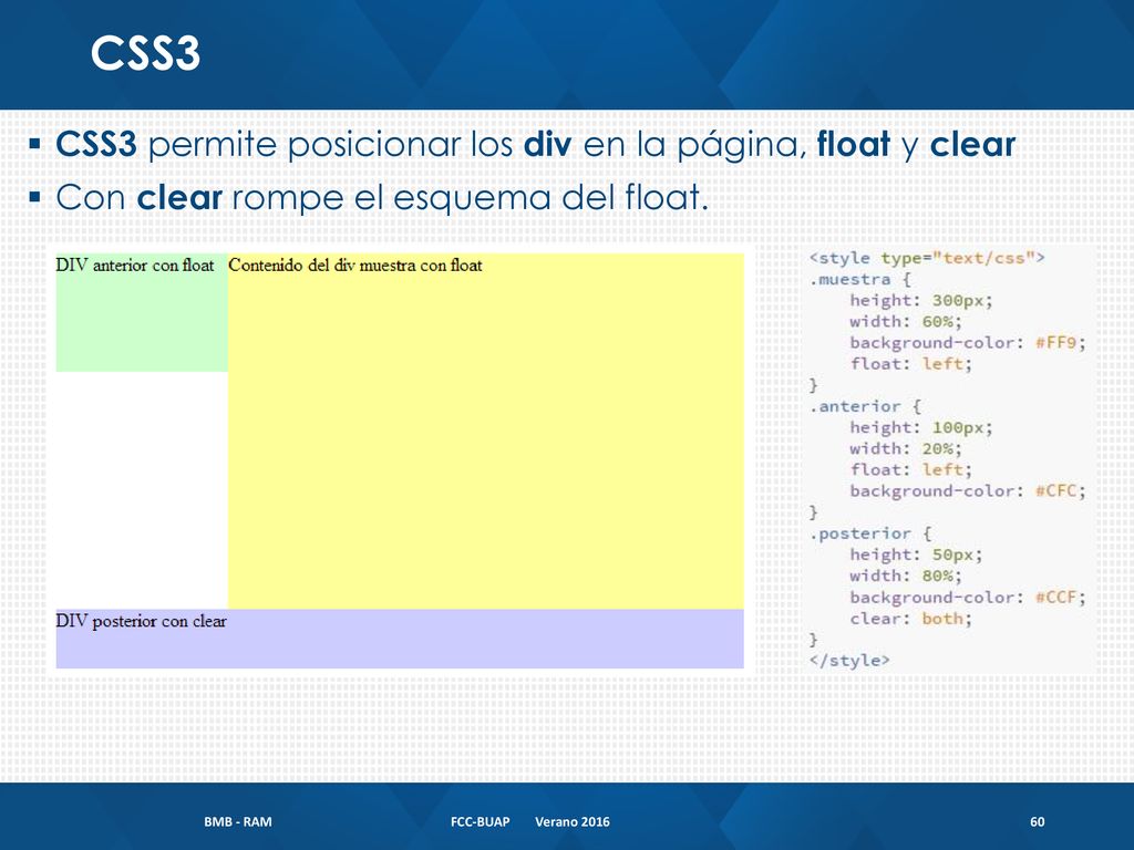 CSS3 CSS3 permite posicionar los div en la página, float y clear