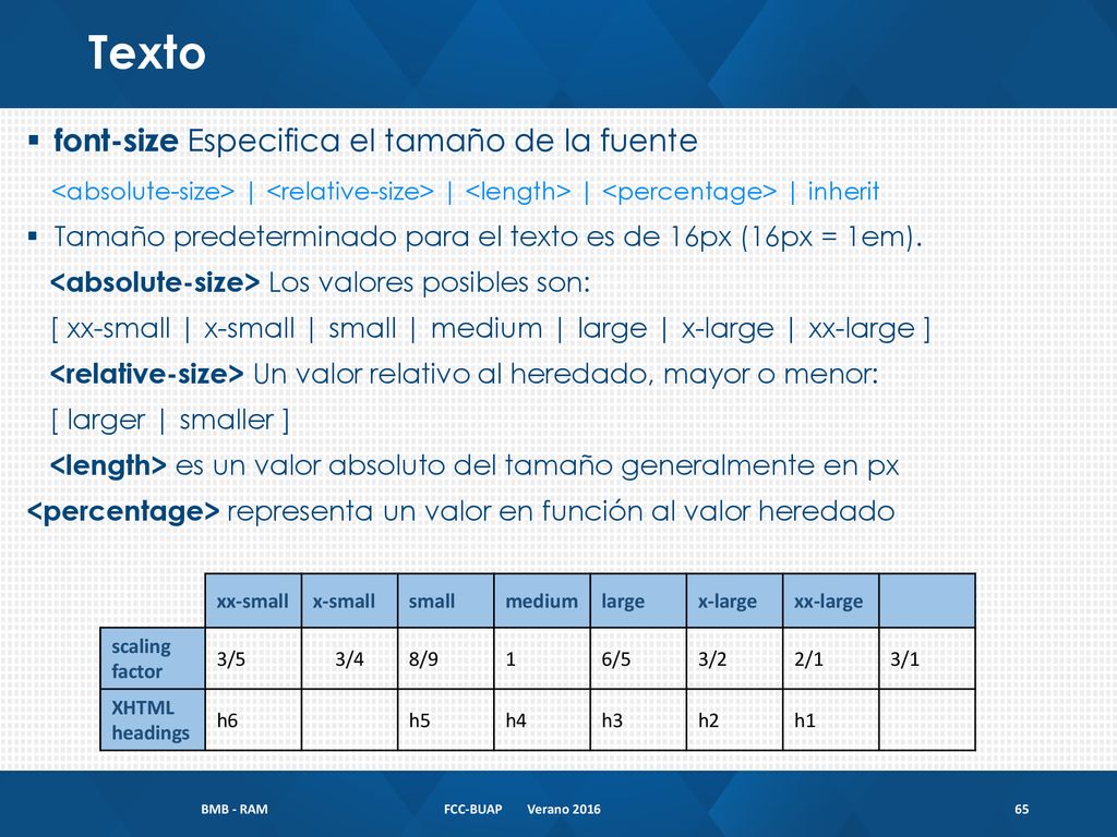 Texto font-size Especifica el tamaño de la fuente