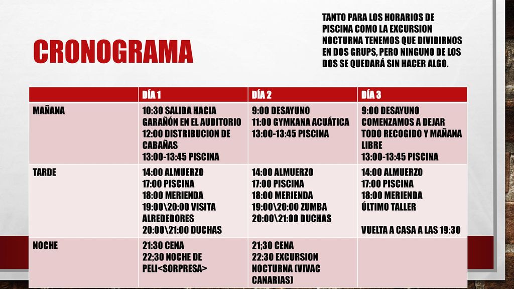TANTO PARA LOS HORARIOS DE PISCINA COMO LA EXCURSION NOCTURNA TENEMOS QUE DIVIDIRNOS EN DOS GRUPS, PERO NINGUNO DE LOS DOS SE QUEDARÁ SIN HACER ALGO.
