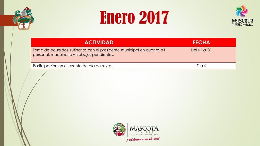 Enero 2017 ACTIVIDAD. FECHA. Toma de acuerdos rutinarios con el presidente municipal en cuanto a l personal, maquinaria y trabajos pendientes.