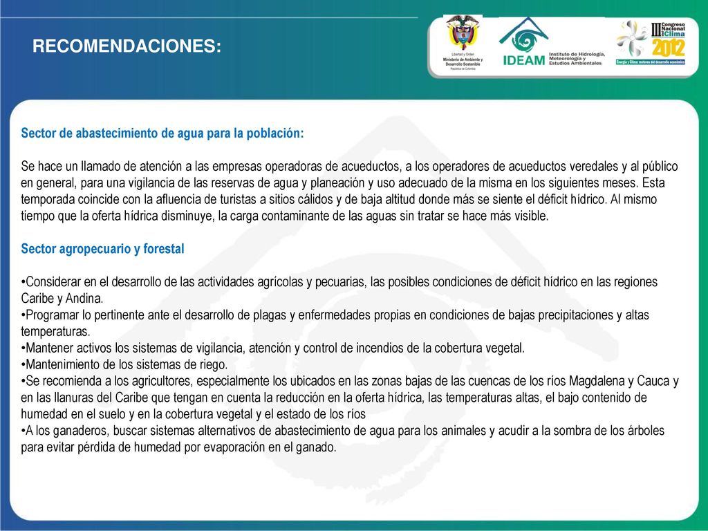 RECOMENDACIONES: Sector de abastecimiento de agua para la población: