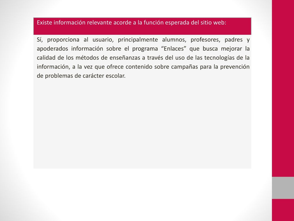 Existe información relevante acorde a la función esperada del sitio web: