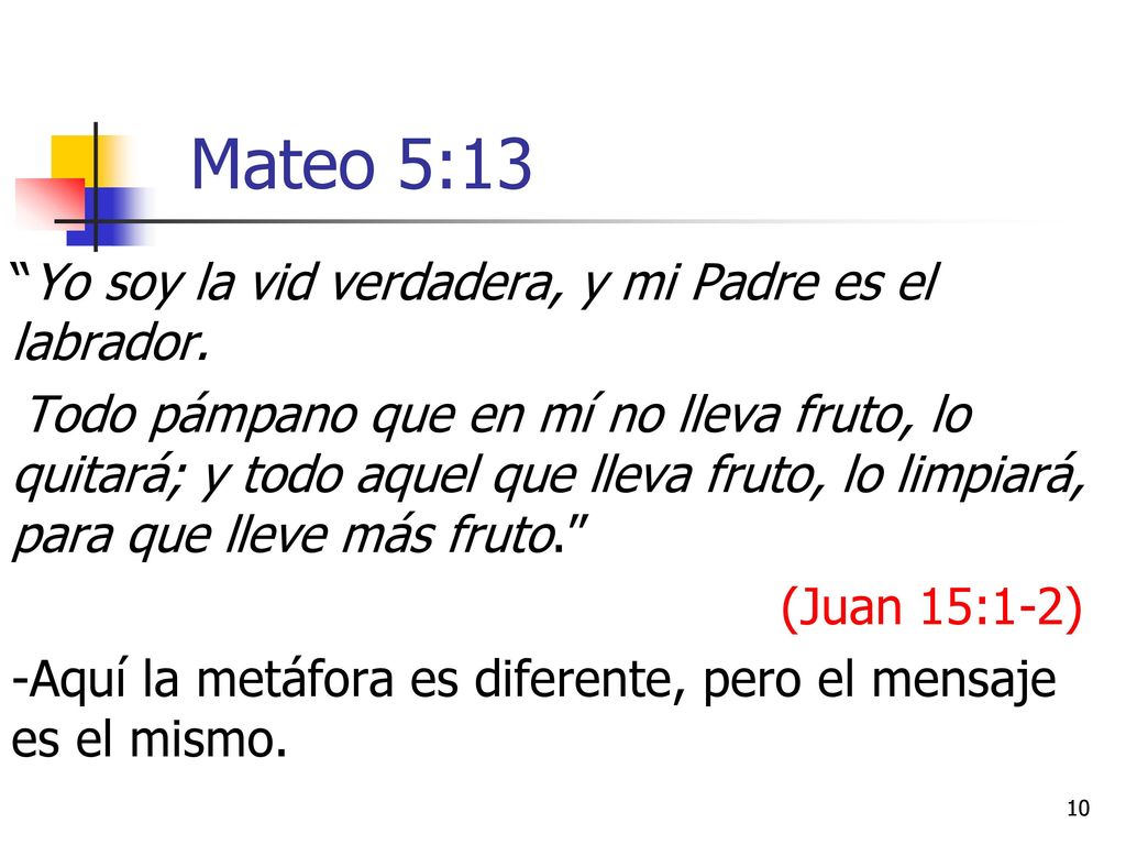 Mateo 5:13 Yo soy la vid verdadera, y mi Padre es el labrador.