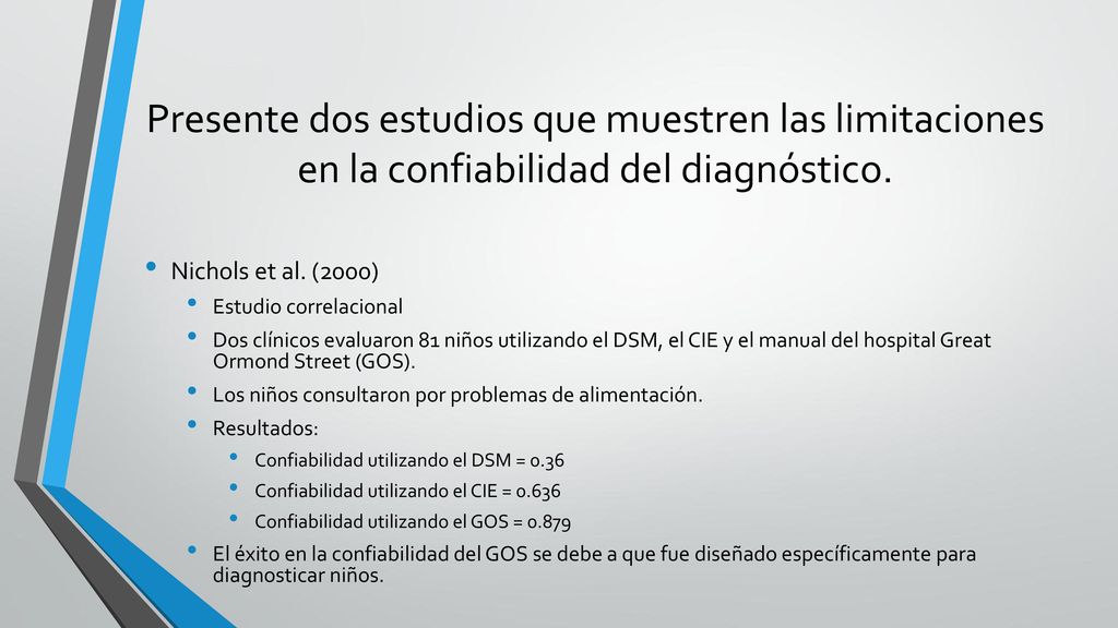 Presente dos estudios que muestren las limitaciones en la confiabilidad del diagnóstico.