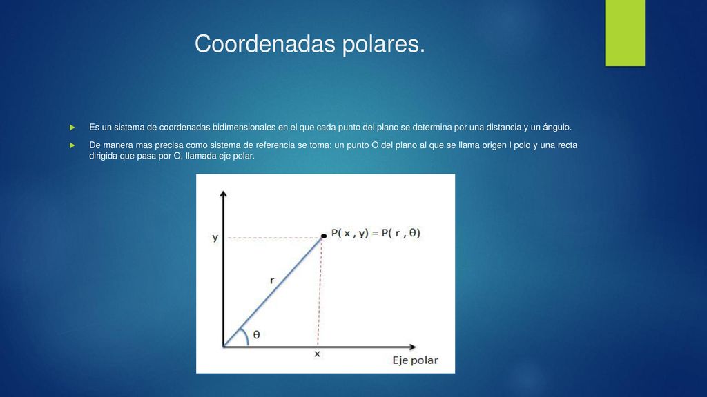 Coordenadas polares. Es un sistema de coordenadas bidimensionales en el que cada punto del plano se determina por una distancia y un ángulo.
