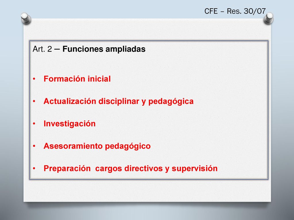 CFE – Res. 30/07 Art. 2 – Funciones ampliadas. Formación inicial. Actualización disciplinar y pedagógica.