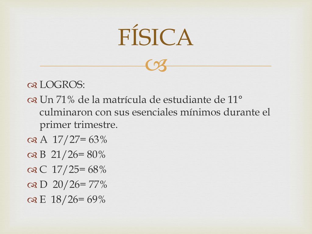 FÍSICA LOGROS: Un 71% de la matrícula de estudiante de 11° culminaron con sus esenciales mínimos durante el primer trimestre.