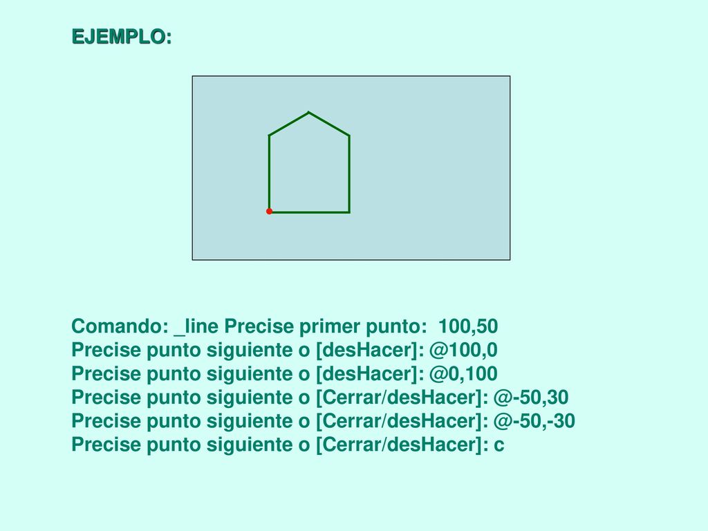 EJEMPLO: Comando: _line Precise primer punto: 100,50. Precise punto siguiente o