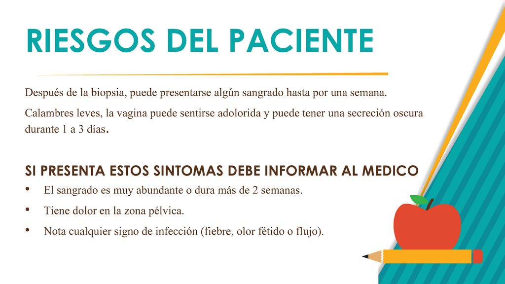 RIESGOS DEL PACIENTE Después de la biopsia, puede presentarse algún sangrado hasta por una semana.