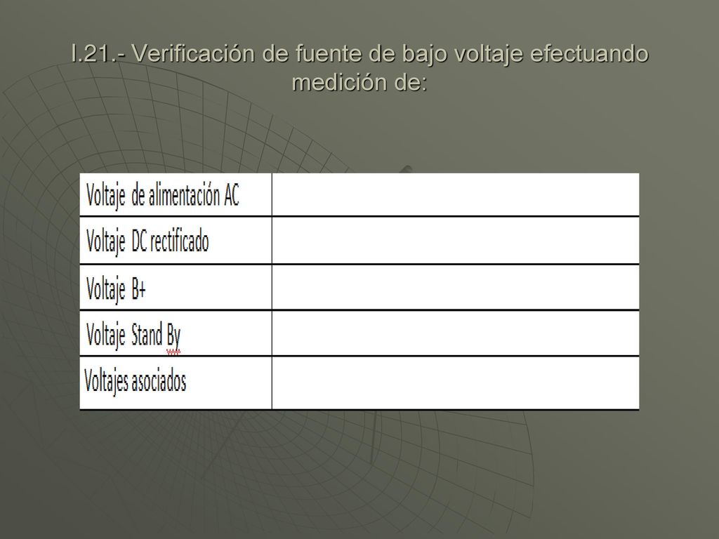 I.21.- Verificación de fuente de bajo voltaje efectuando medición de: