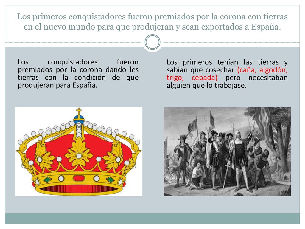 Los primeros conquistadores fueron premiados por la corona con tierras en el nuevo mundo para que produjeran y sean exportados a España.