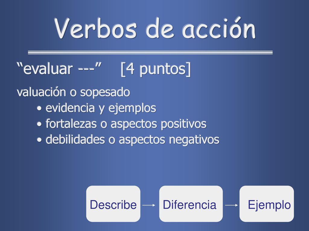 Verbos de acción evaluar --- [4 puntos] valuación o sopesado