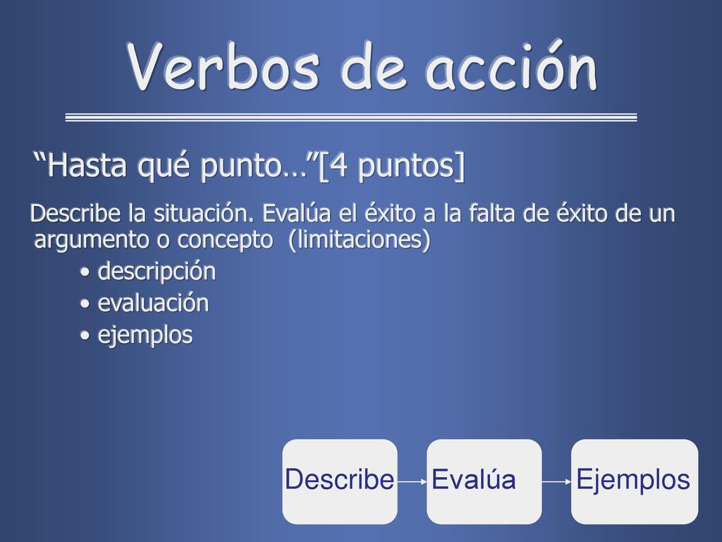 Verbos de acción Describe Evalúa Ejemplos Hasta qué punto… [4 puntos]