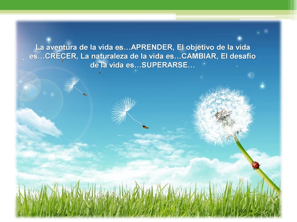 La aventura de la vida es…APRENDER, El objetivo de la vida es…CRECER, La naturaleza de la vida es…CAMBIAR, El desafío de la vida es…SUPERARSE…