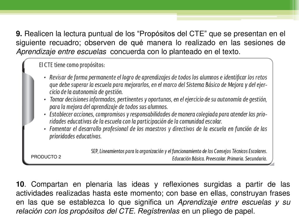 9. Realicen la lectura puntual de los Propósitos del CTE que se presentan en el siguiente recuadro; observen de qué manera lo realizado en las sesiones de Aprendizaje entre escuelas concuerda con lo planteado en el texto.