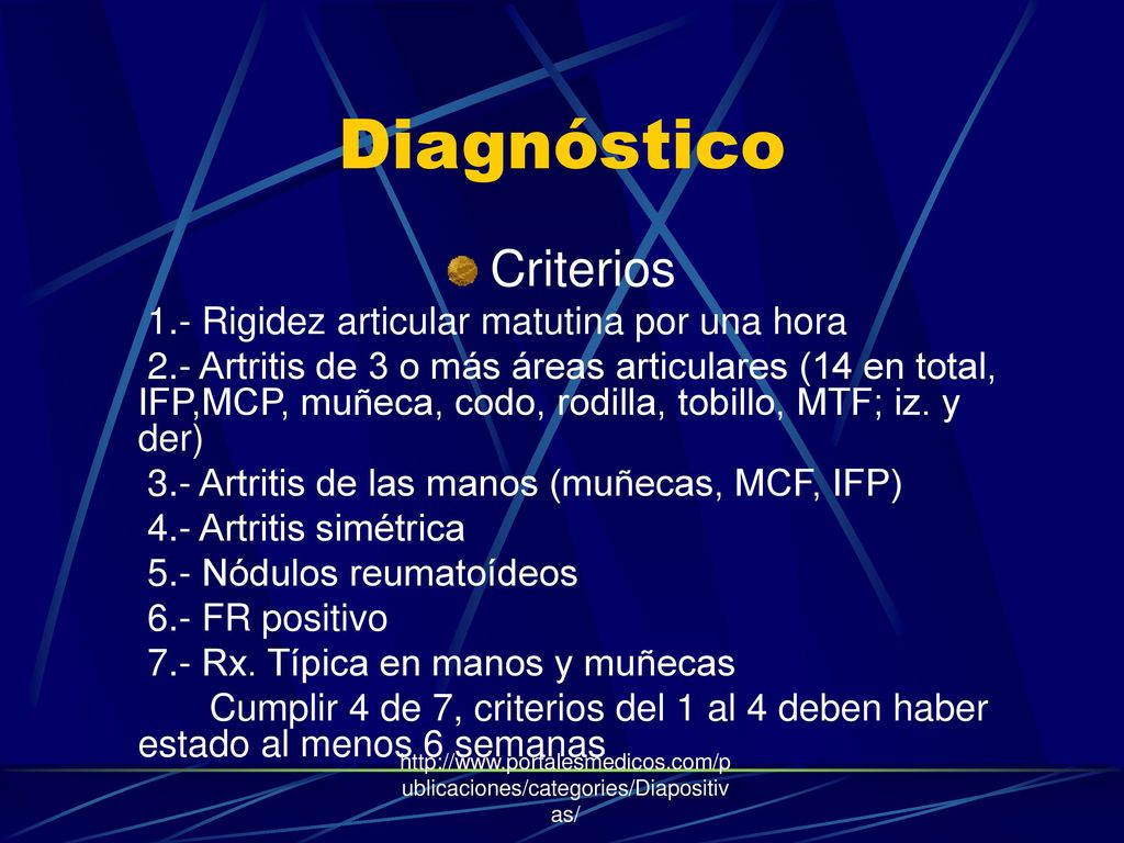 Diagnóstico Criterios 1.- Rigidez articular matutina por una hora