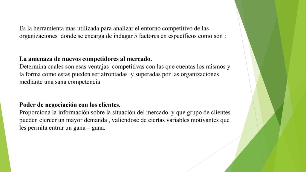 Es la herramienta mas utilizada para analizar el entorno competitivo de las organizaciones donde se encarga de indagar 5 factores en específicos como son : La amenaza de nuevos competidores al mercado.
