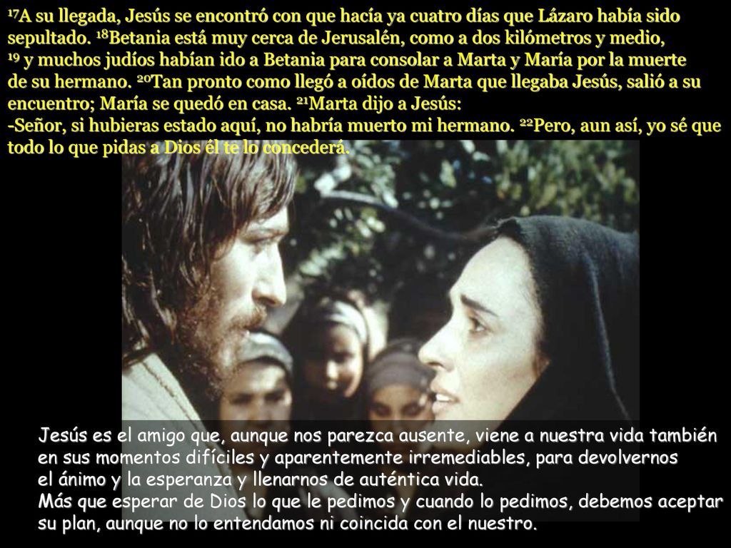 17A su llegada, Jesús se encontró con que hacía ya cuatro días que Lázaro había sido sepultado. 18Betania está muy cerca de Jerusalén, como a dos kilómetros y medio, 19 y muchos judíos habían ido a Betania para consolar a Marta y María por la muerte de su hermano. 20Tan pronto como llegó a oídos de Marta que llegaba Jesús, salió a su encuentro; María se quedó en casa. 21Marta dijo a Jesús: -Señor, si hubieras estado aquí, no habría muerto mi hermano. 22Pero, aun así, yo sé que todo lo que pidas a Dios él te lo concederá.