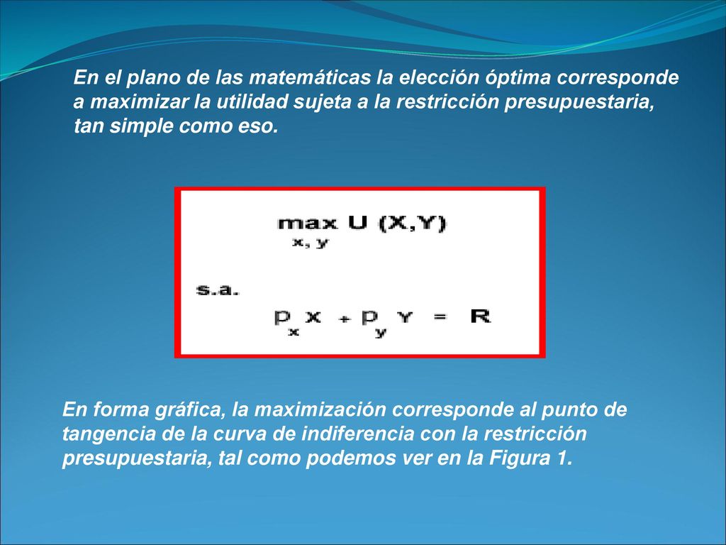 En el plano de las matemáticas la elección óptima corresponde a maximizar la utilidad sujeta a la restricción presupuestaria, tan simple como eso.