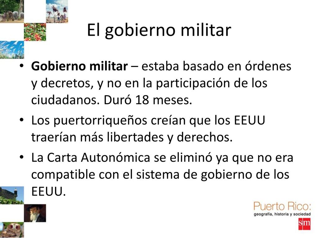 El gobierno militar Gobierno militar – estaba basado en órdenes y decretos, y no en la participación de los ciudadanos. Duró 18 meses.