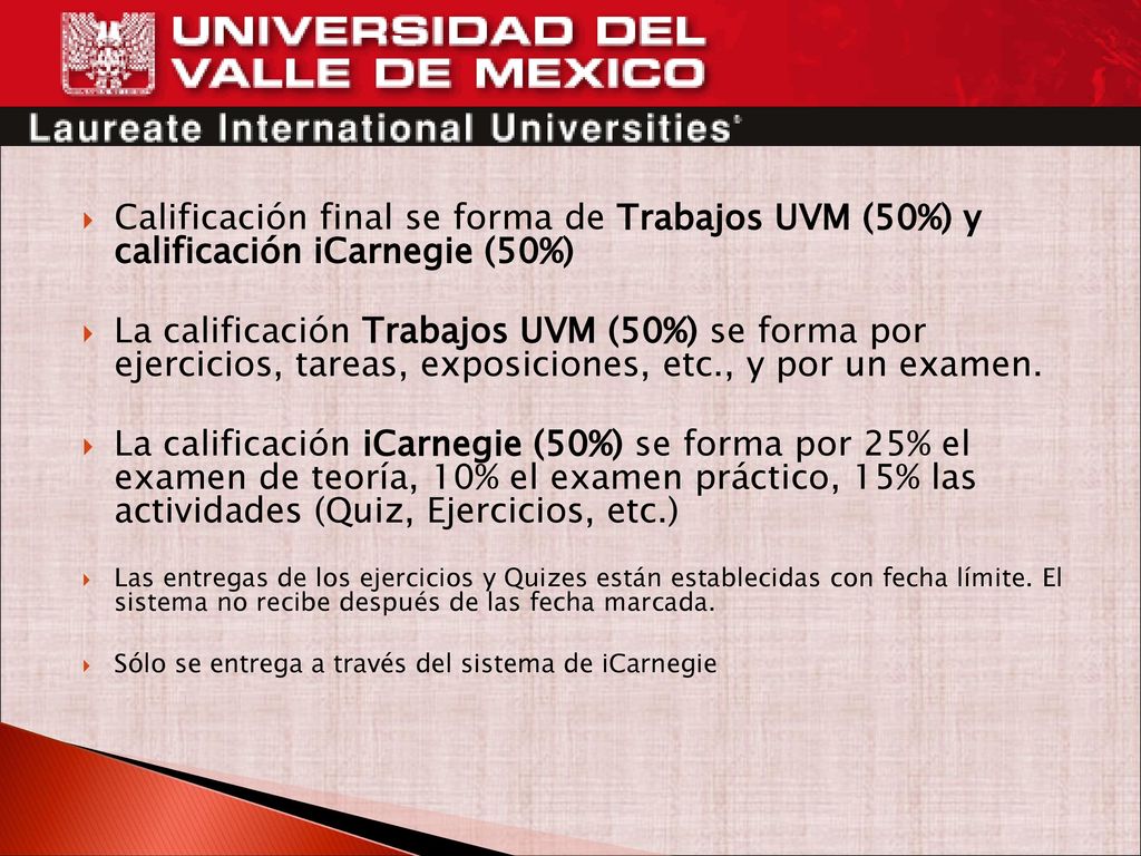 Calificación final se forma de Trabajos UVM (50%) y calificación iCarnegie (50%)