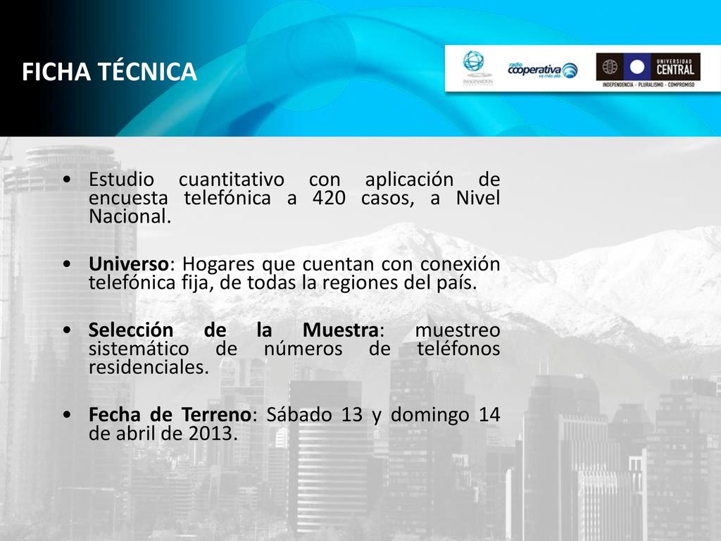 FICHA TÉCNICA Estudio cuantitativo con aplicación de encuesta telefónica a 420 casos, a Nivel Nacional.