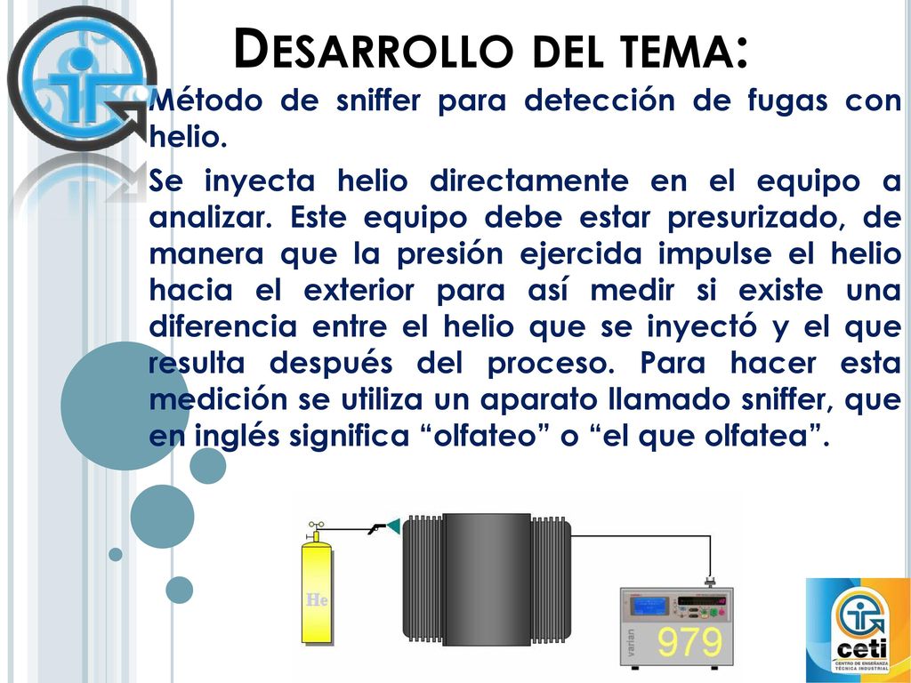 Desarrollo del tema: Método de sniffer para detección de fugas con helio.