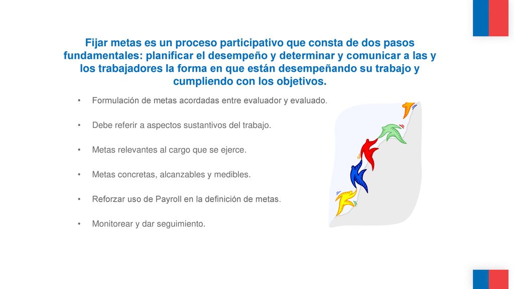 Fijar metas es un proceso participativo que consta de dos pasos fundamentales: planificar el desempeño y determinar y comunicar a las y los trabajadores la forma en que están desempeñando su trabajo y cumpliendo con los objetivos.