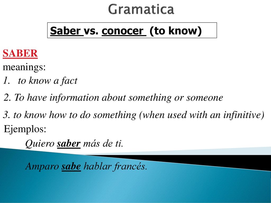 Gramatica Saber vs. conocer (to know) SABER meanings: to know a fact