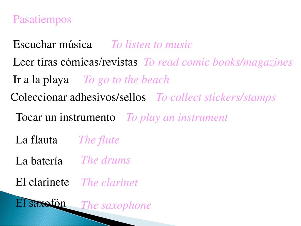 Pasatiempos Escuchar música. To listen to music. Leer tiras cómicas/revistas. To read comic books/magazines.