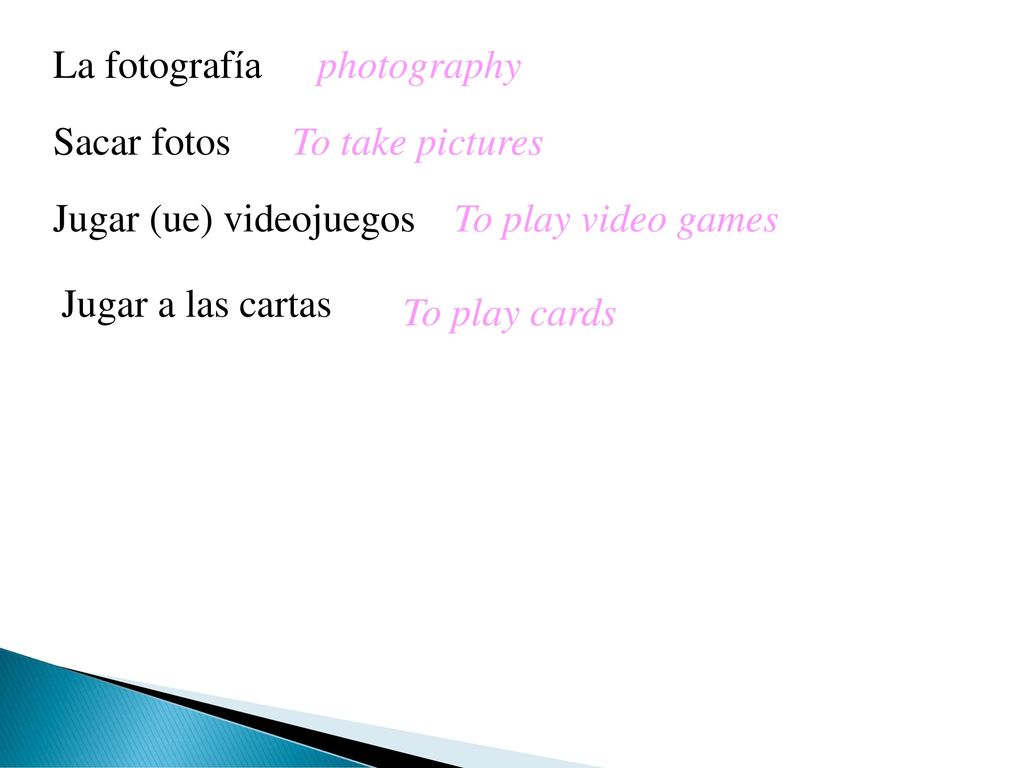 La fotografía photography. Sacar fotos. To take pictures. Jugar (ue) videojuegos. To play video games.